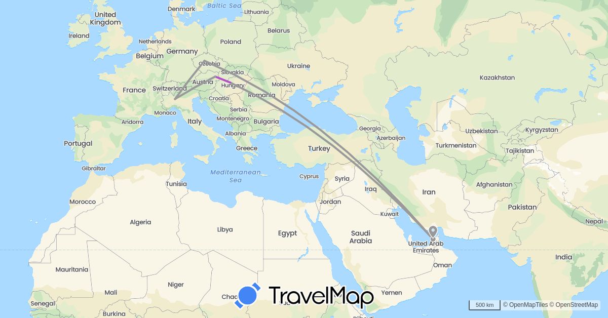TravelMap itinerary: plane, train in United Arab Emirates, Austria, Czech Republic, Germany, Hungary (Asia, Europe)