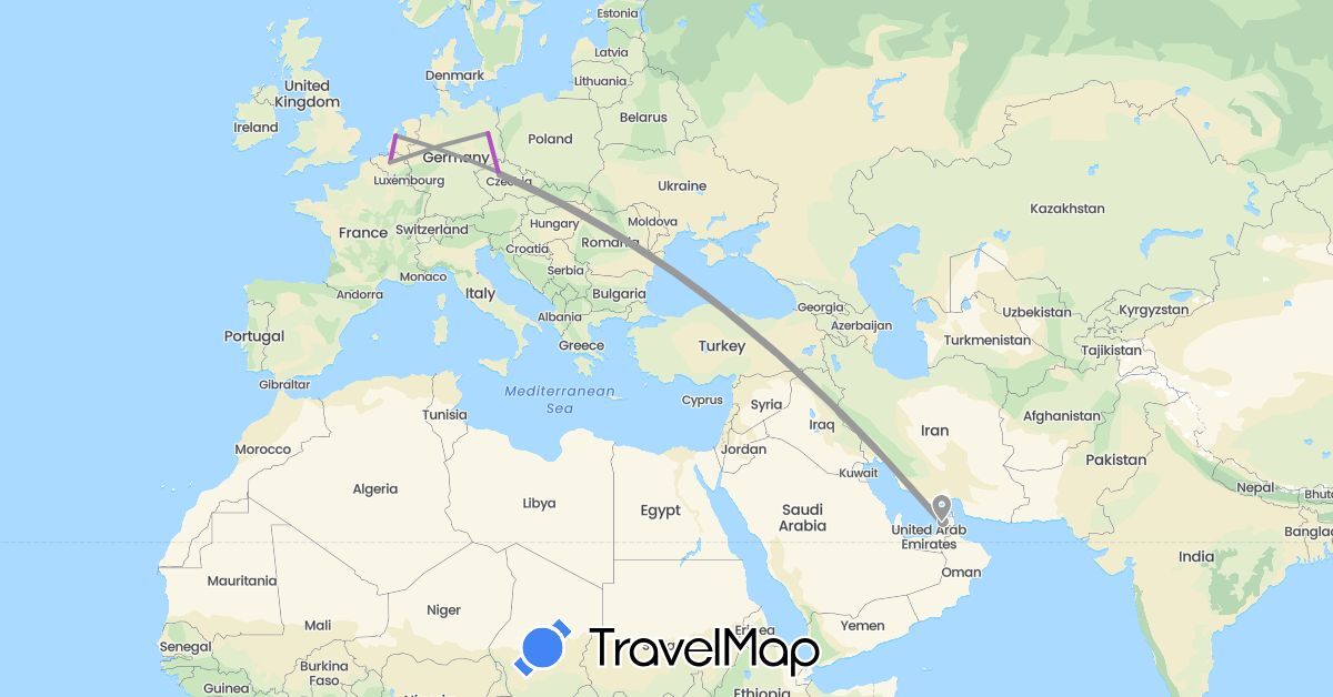 TravelMap itinerary: driving, plane, train in United Arab Emirates, Belgium, Czech Republic, Germany, Netherlands (Asia, Europe)